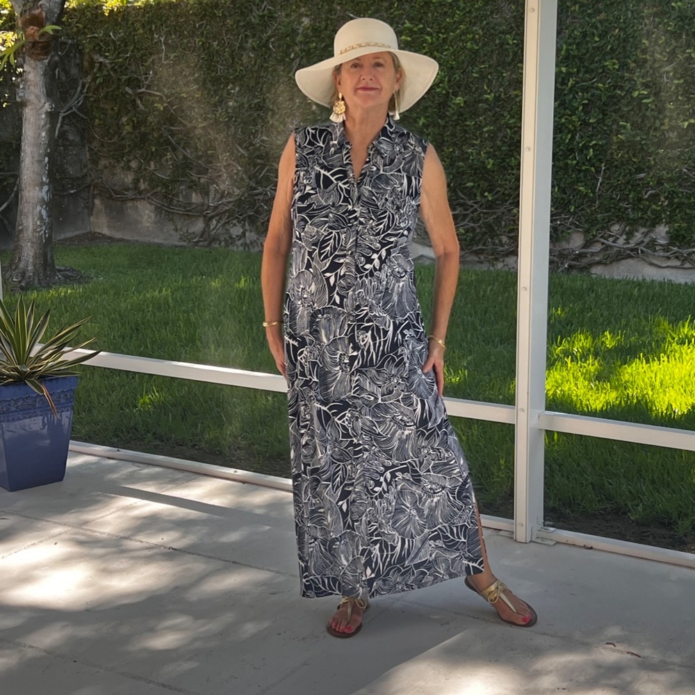Talbots Button Front Navy & White Floral Maxi Dress Sleeveless V Neck Size XL